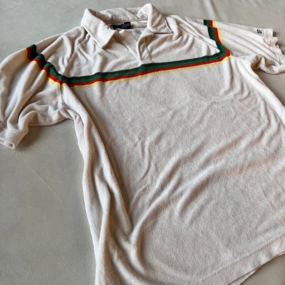American Eagle Outfitters Retro Terry Cloth cream polo shirt stripes 70s vibe